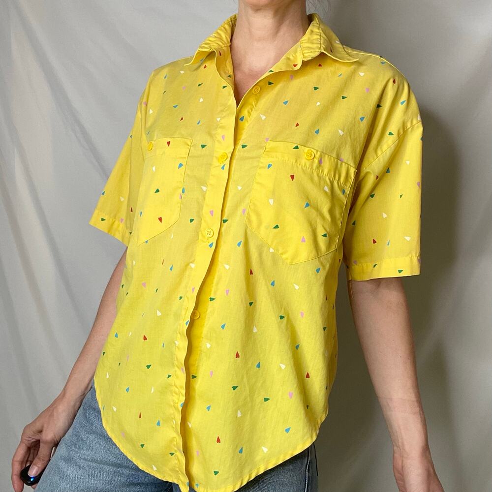 Vintage 80s 90s heart print yellow button-down shirt blouse oversized hearts S - Picture 11 of 17